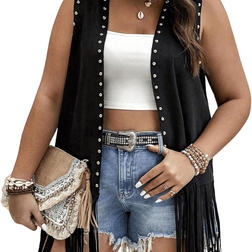 Women's Plus Size Fringe Vest Faux Suede Rivets Sleeveless Tassel Jacket Western